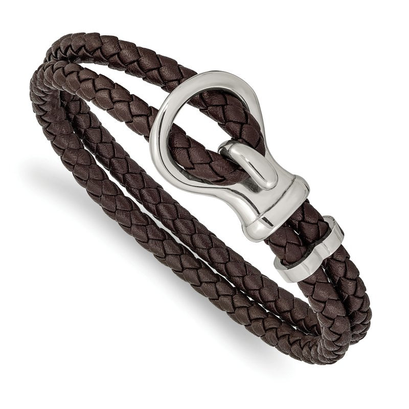 Stainless Steel Polished Brown Braided Leather 8 inch Bracelet