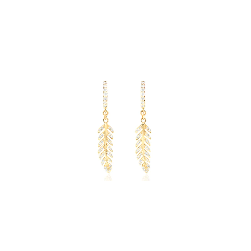 Dangling Feather Huggie Hoop Earrings 14K