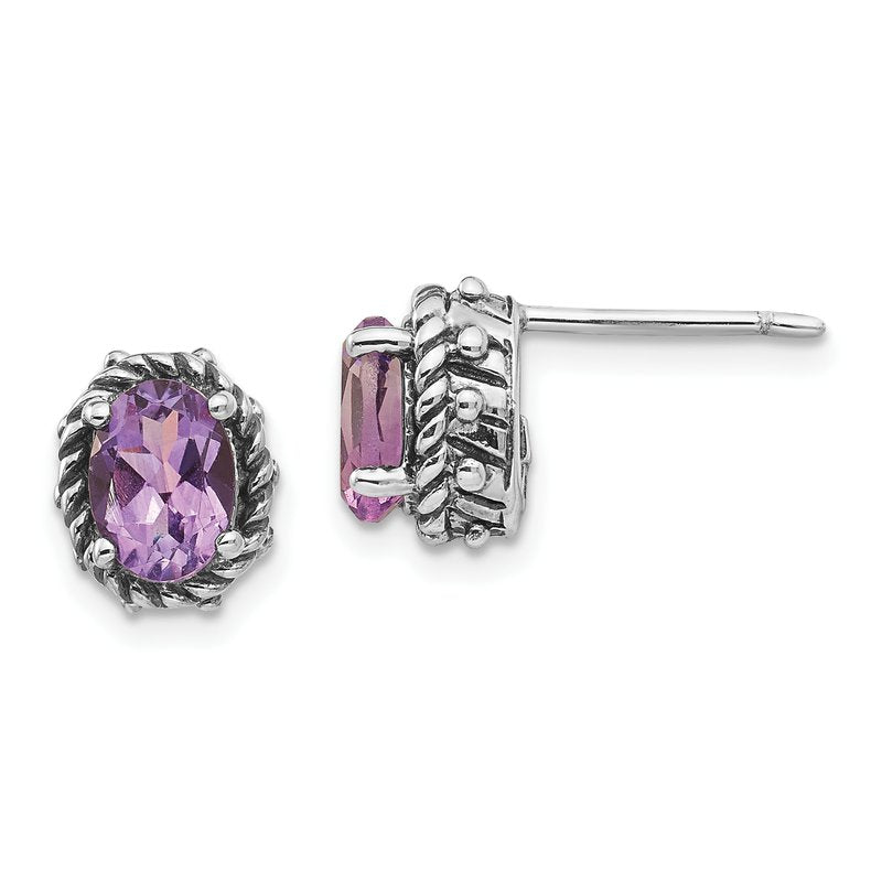 Sterling Silver Antiqued Oval Amethyst Post Earrings