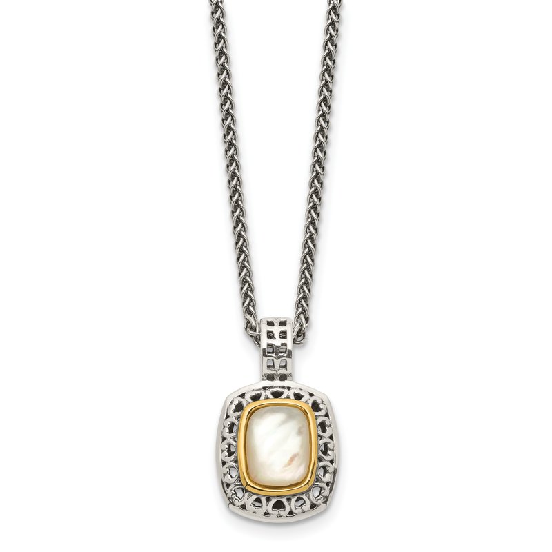 Sterling Silver with 14K Accent 18 Inch Antiqued Mother Of Pearl Necklace