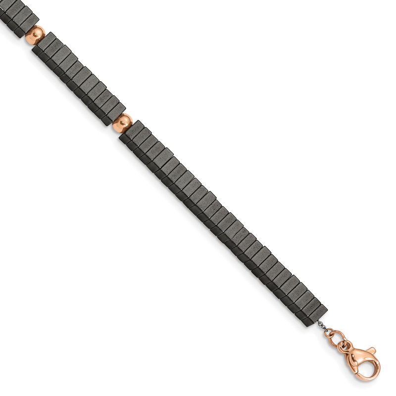 Stainless Steel Polished Rose IP-plated with Square Hematite Beads 7 inch Bracelet with 1.25 inch Extension