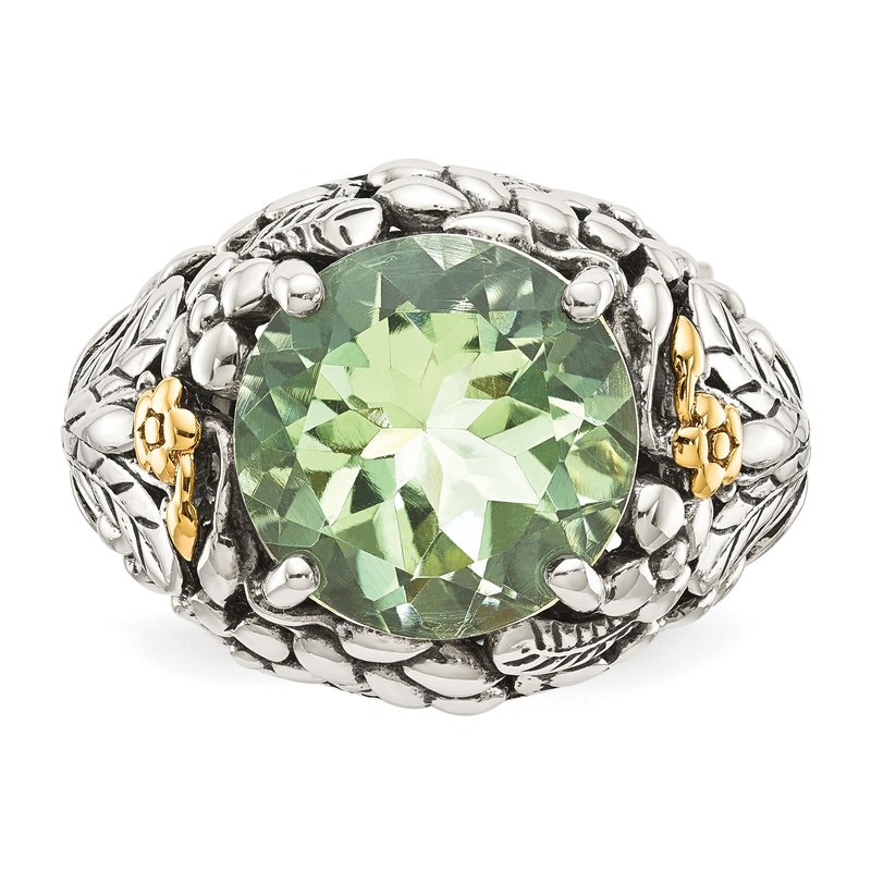 Sterling Silver with 14K Accent Antiqued Round Green Quartz Ring