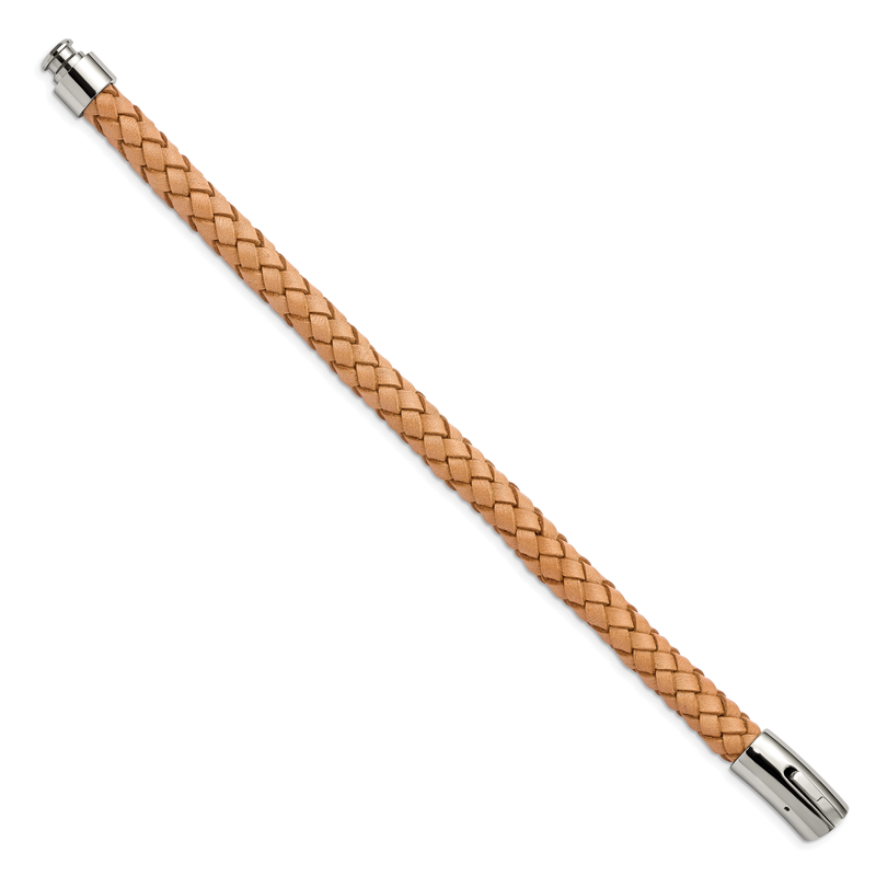 Stainless Steel Polished Light Tan Braided Leather 8.5 inch Bracelet