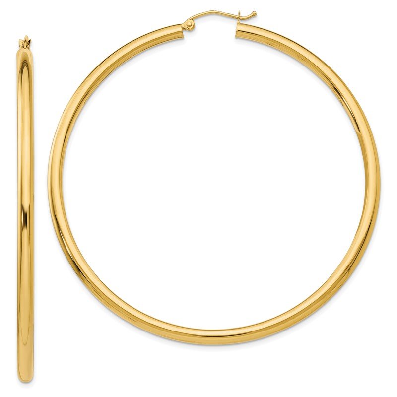 14K 3x65mm Polished Lightweight Tube Hoop Earrings