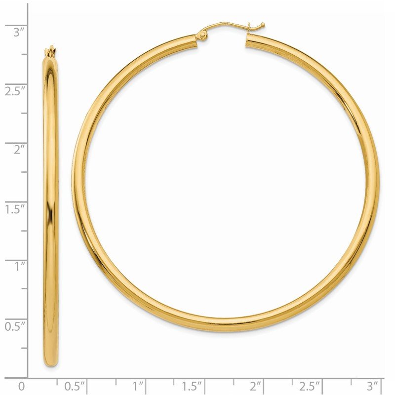 14K 3x65mm Polished Lightweight Tube Hoop Earrings