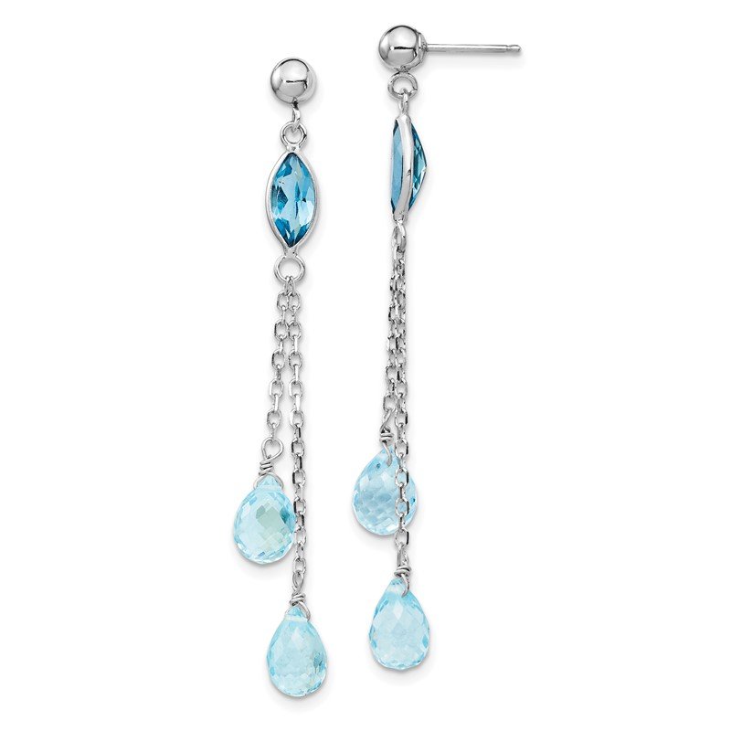 14k White Gold Blue Topaz Chain Dangle Post Earrings