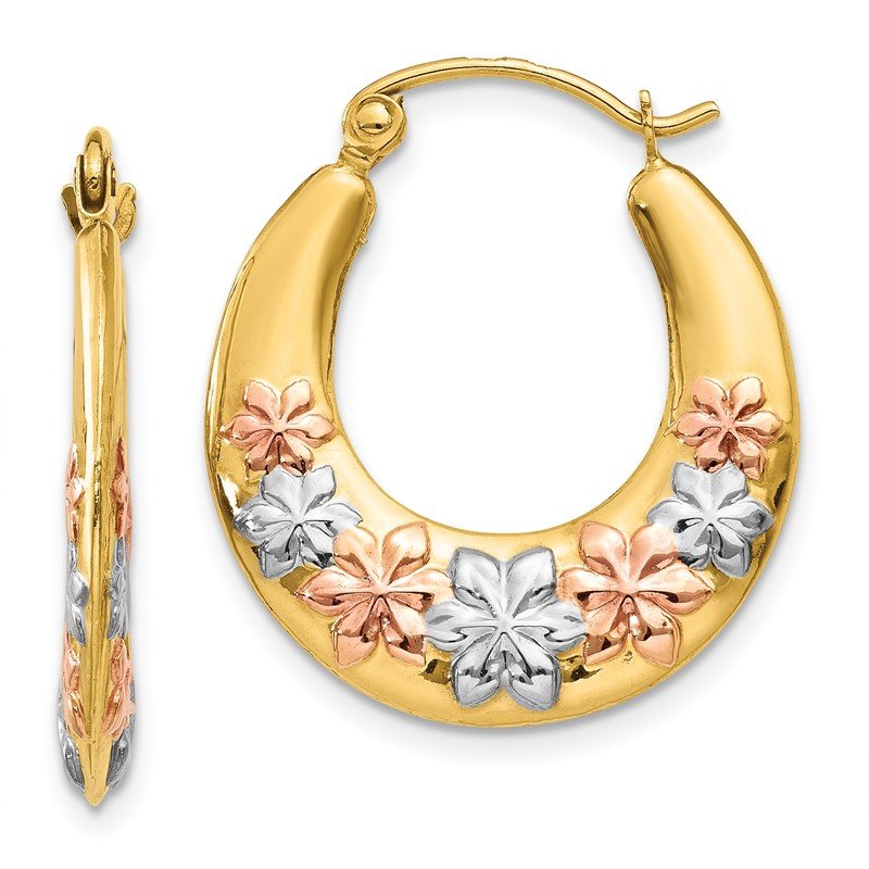 14K &amp; White and Rose Rhodium Hollow Flowers Hoop Earrings