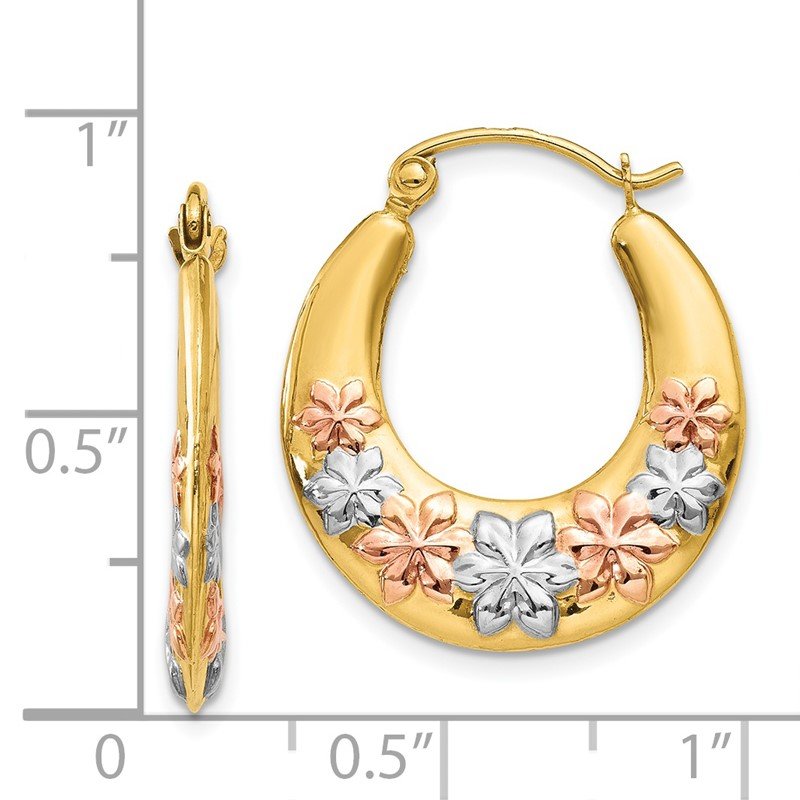 14K &amp; White and Rose Rhodium Hollow Flowers Hoop Earrings