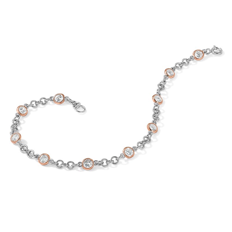Sterling Silver Rhodium-plated and Rose Gold-plated Accent Brilliant-cut CZ Bezel 11 Station 7.25 Inch Bracelet