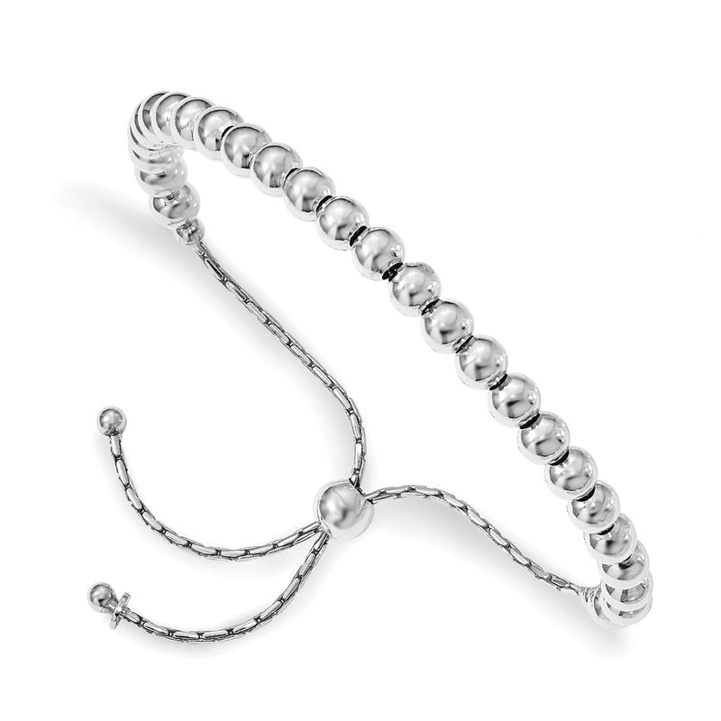 Sterling Silver RH-plated Polished Beaded Adjustable Bracelet
