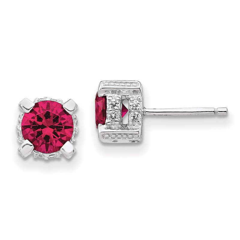 Sterling Silver Rhodium-plated Brilliant-cut 6.5mm Lab Created Ruby and Brilliant-cut White CZ Stud Post Earrings