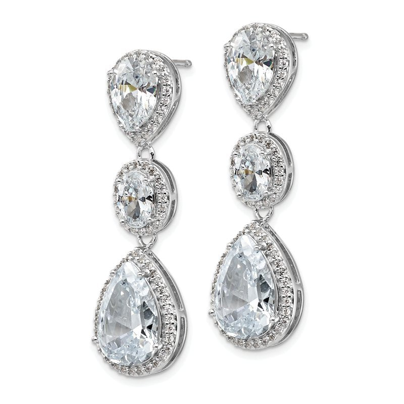Sterling Silver Rhodium-plated Brilliant-cut Three Teardrop CZ Halo Post Dangle Earrings