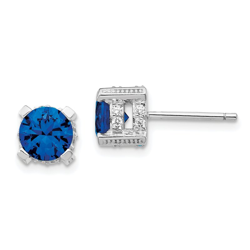 Sterling Silver Rhodium-plated Brilliant-cut Lab Created Dark Blue Spinel and Brilliant-cut White CZ Stud Post Earrings