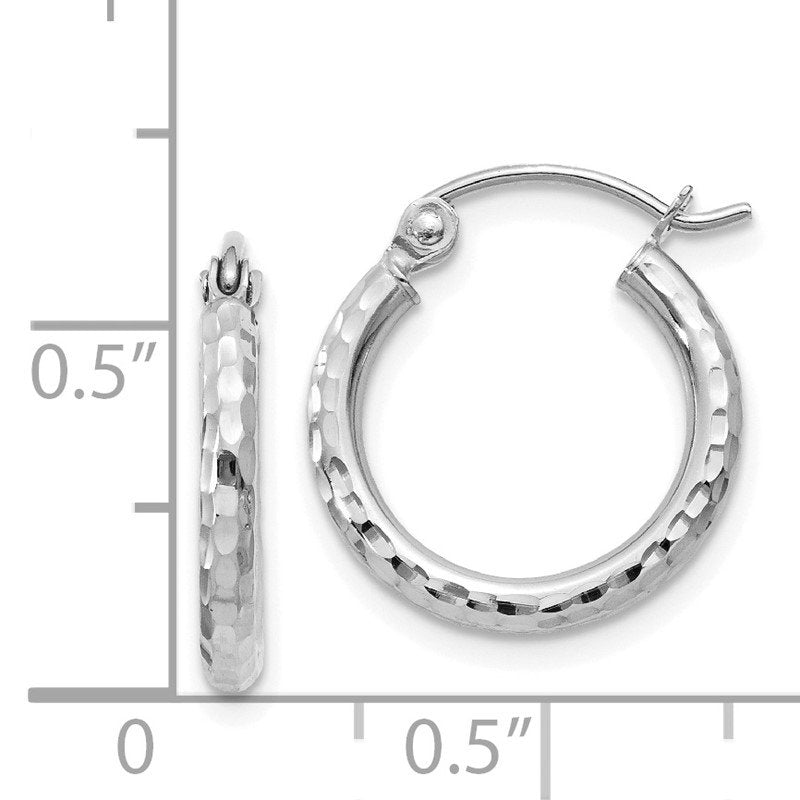 14k White Gold 2x15mm Diamond-cut Round Tube Hoop Earrings