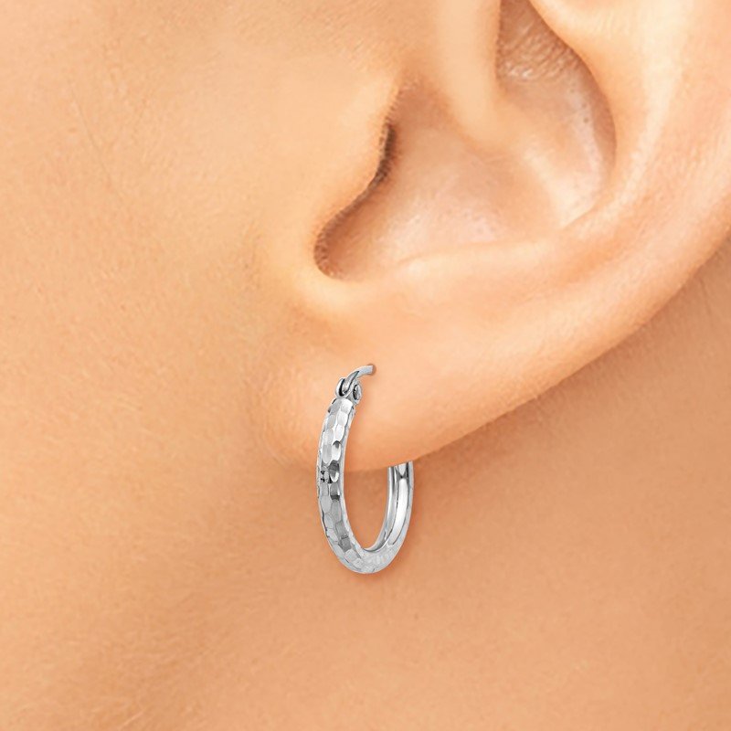14k White Gold 2x15mm Diamond-cut Round Tube Hoop Earrings