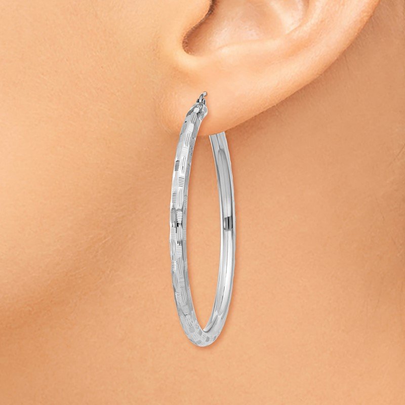 14k White Gold Diamond-cut Hoop Earrings