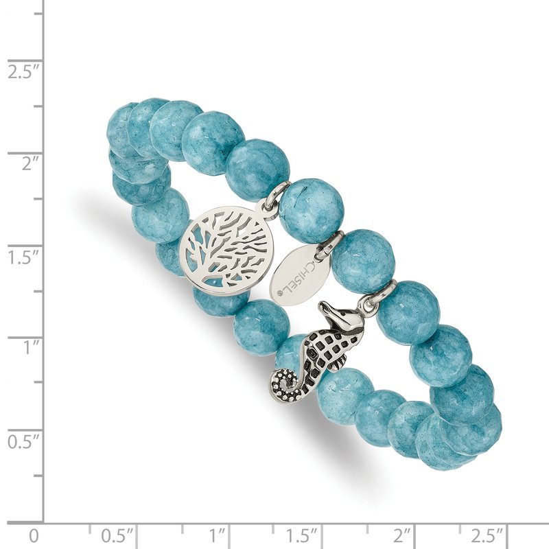 Stainless Steel Antiqued and Polished Seahorse and Tree of Life 8mm Blue Dyed Jade Beaded Stretch Bracelet