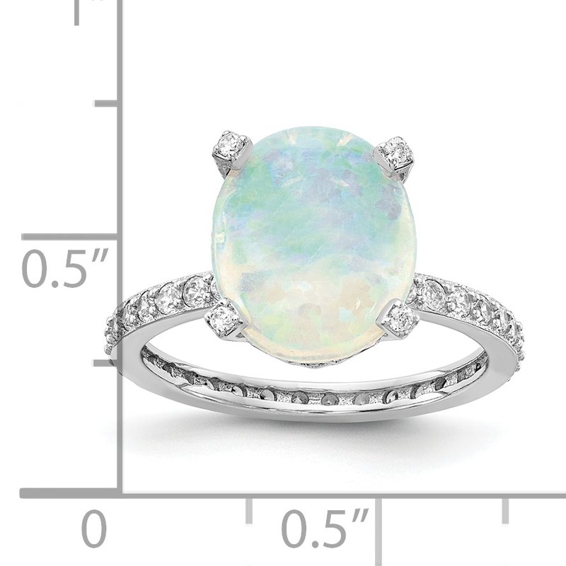 Sterling Silver Rhodium-plated Cabochon Lab Created Opal and Brilliant-cut CZ Oval with Side Stones Ring