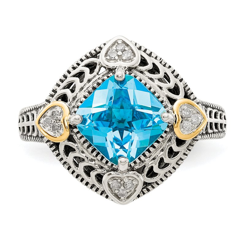 Sterling Silver with 14K Accent Antiqued Diamond and Cushion Blue Topaz Ring