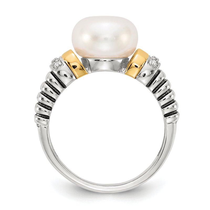 Sterling Silver with 14K Accent Antiqued Diamond and 9.5-10mm Freshwater Cultured Pearl Ring