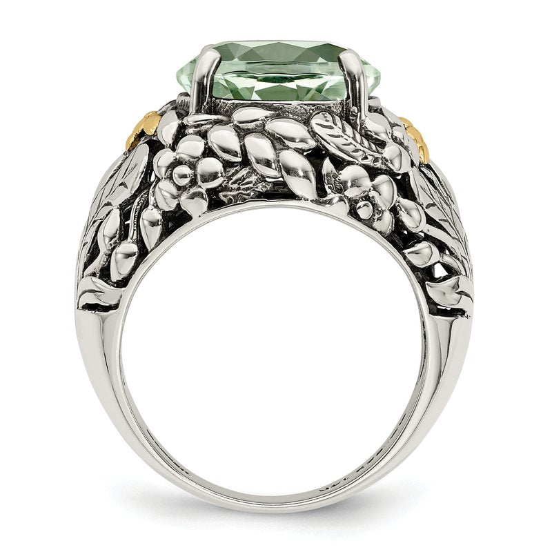 Sterling Silver with 14K Accent Antiqued Round Green Quartz Ring