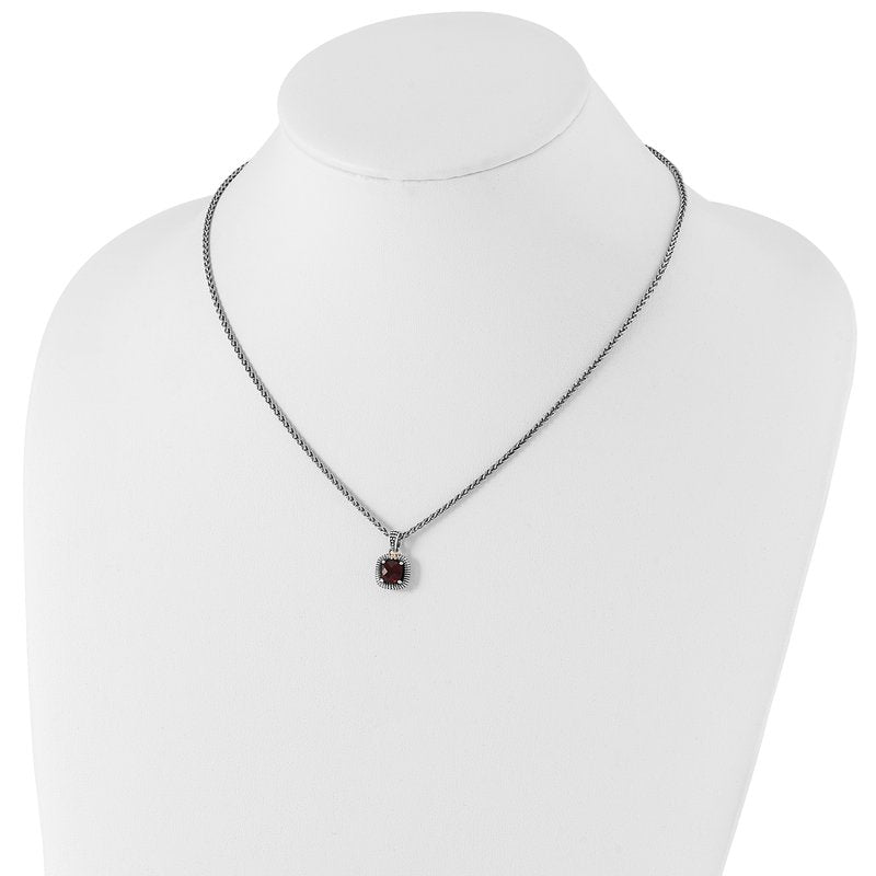 Sterling Silver with 14K Accent 18 Inch Antiqued Checkerboard Bezel Garnet Necklace