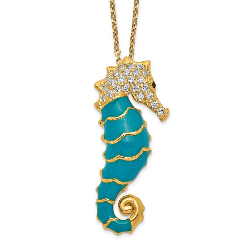 Sterling Silver Gold-plated Enameled Brilliant-cut Black and White CZ Seahorse 18 Inch Necklace