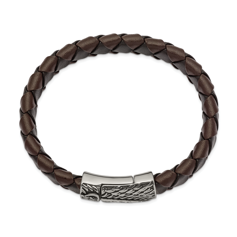 Stainless Steel Antiqued and Polished Sword Black and Brown Braided Leather 8.5 inch Bracelet