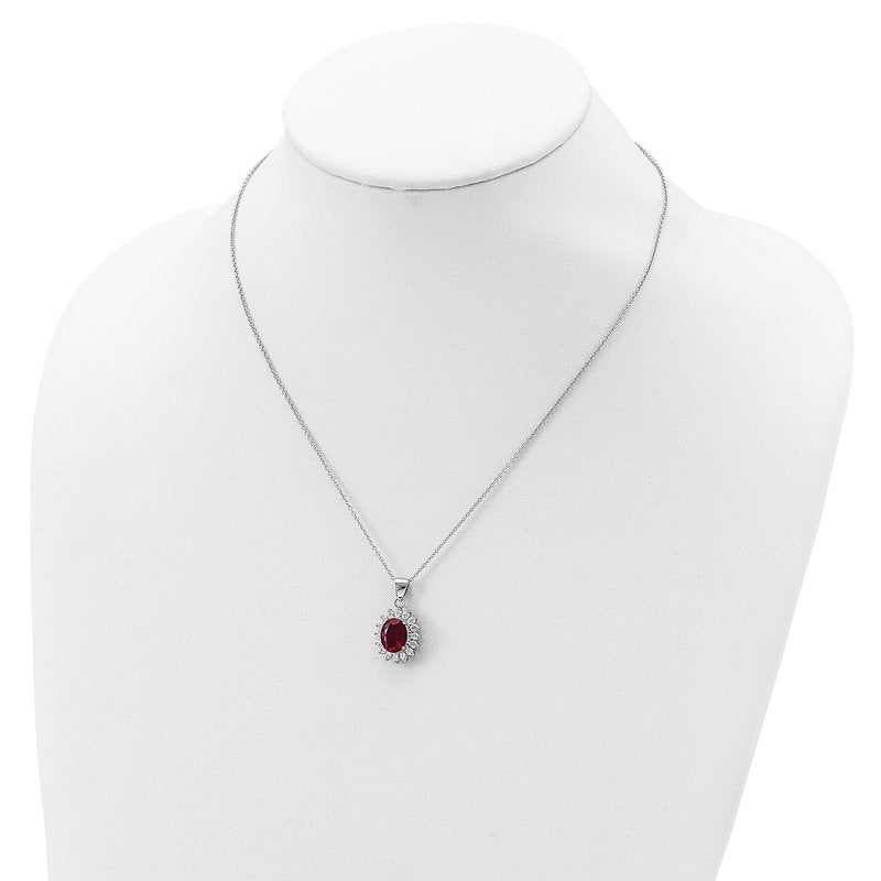Sterling Silver Rhodium-plated Brilliant-cut Lab Created Ruby and Brilliant-cut White CZ Oval Halo 18.25 Inch Necklace