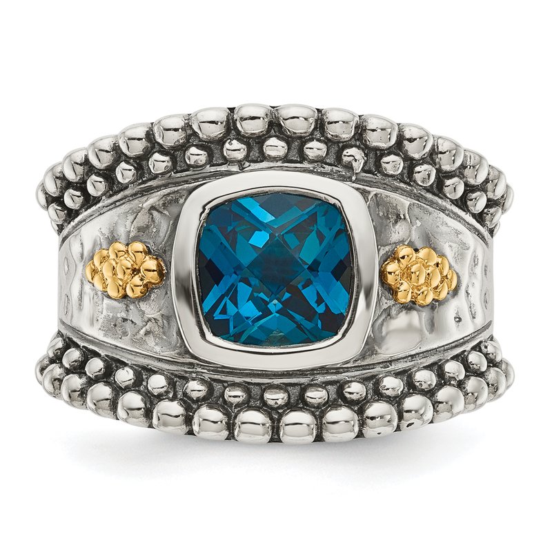 Sterling Silver with 14K Accent Antiqued Checkerboard Cushion London Blue Topaz Ring