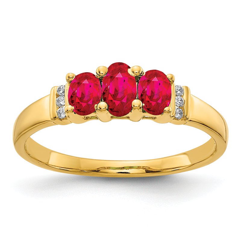 14k Polished Triple Emerald and Diamond 3-stone Ring