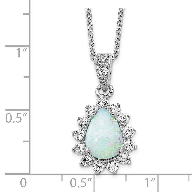 Sterling Silver Rhodium-plated Cabochon Lab Created Opal and Brilliant-cut CZ Teardrop Halo 18 Inch Necklace