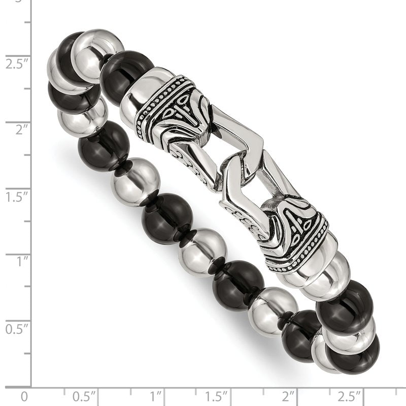 Stainless Steel Antiqued and Polished 10mm Black Agate Beaded Stretch Bracelet