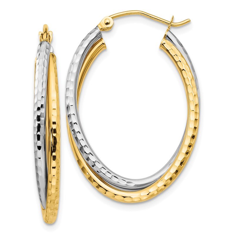 14k Two-tone Diamond-cut Polished Oval Hoop Earring