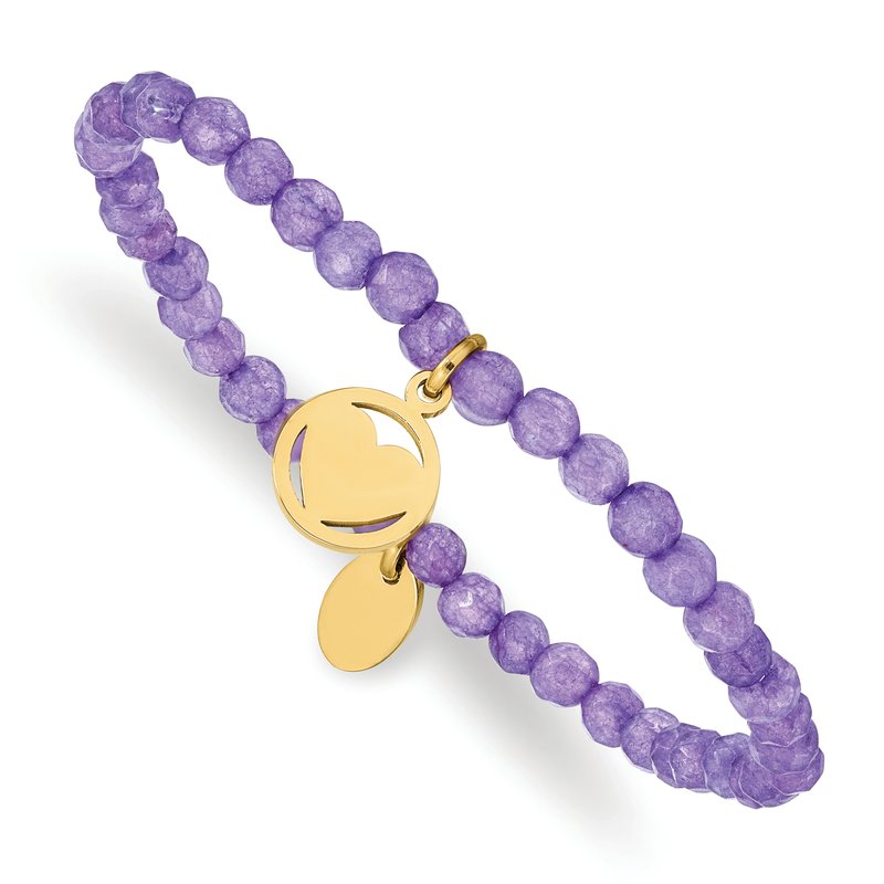 Stainless Steel Polished Yellow IP-plated Heart 4mm Light Purple Jade Beaded Stretch Bracelet