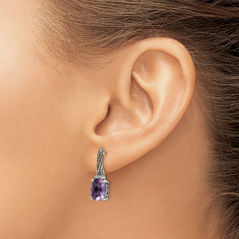 Sterling Silver with 14K Accent Antiqued Diamond and Cushion Amethyst Dangle Post Earrings
