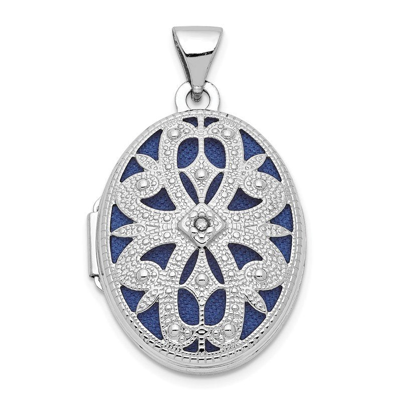 14K White Gold Diamond Vintage Filigree with Blue Fabric Interior 21mm Oval Locket