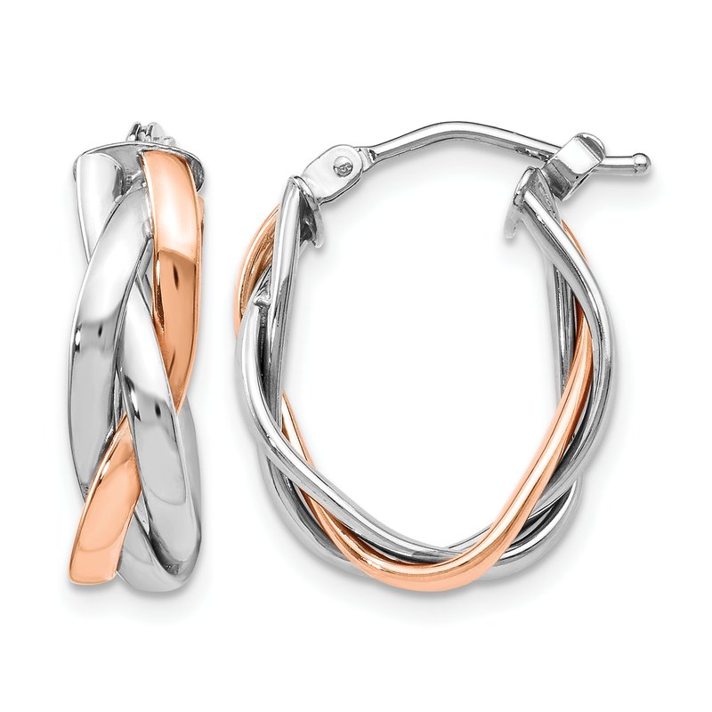 14K with White Rhodium and Rose Gold Plating Polished Hinged Hoop Earrings