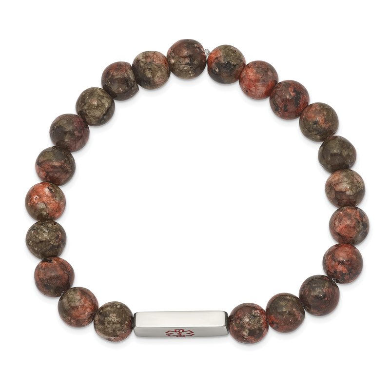 Stainless Steel Polished with Red Enamel Medical ID 8.5mm Poppy Jasper Beaded Stretch Bracelet