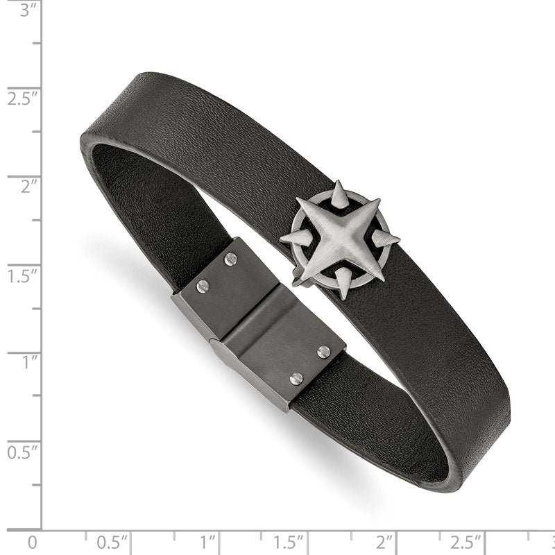 Stainless Steel Brushed Antiqued White Bronze-plated Compass Black Leather 8.25 inch Bracelet