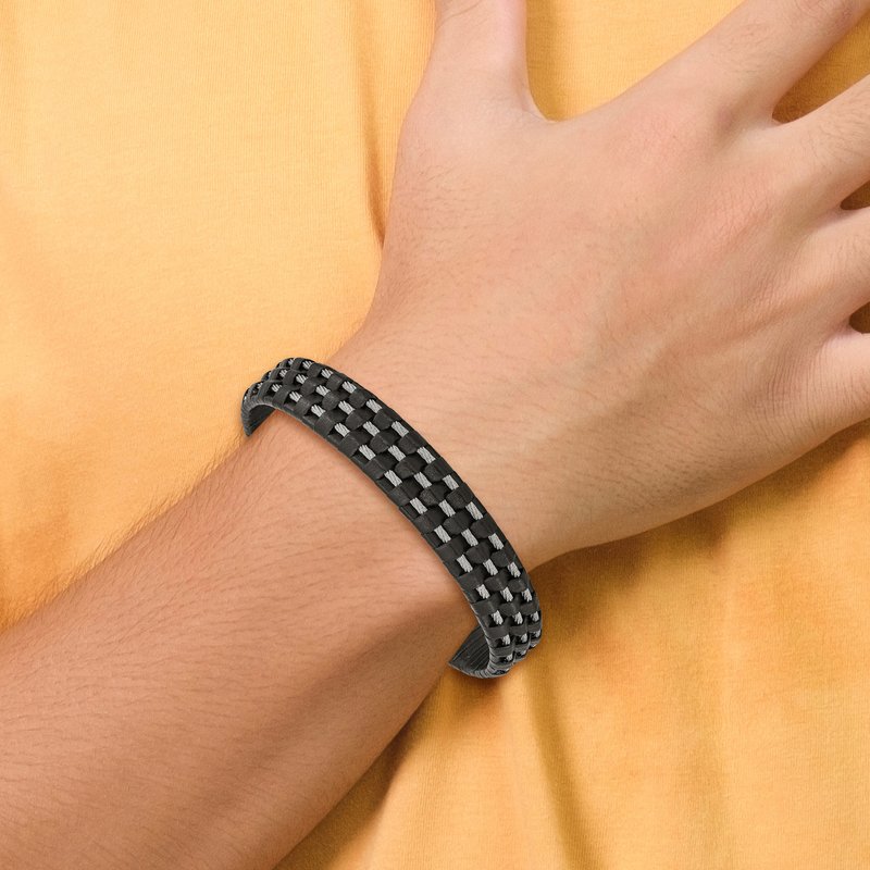 Stainless Steel Polished Wire Cable and Black Leather 8.5 inch Bracelet