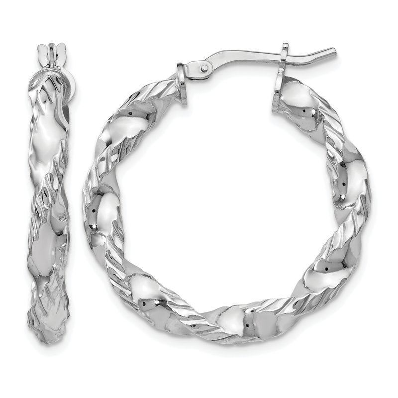 Sterling Silver RH-plated Polished Twisted Hinged Hoop Earrings