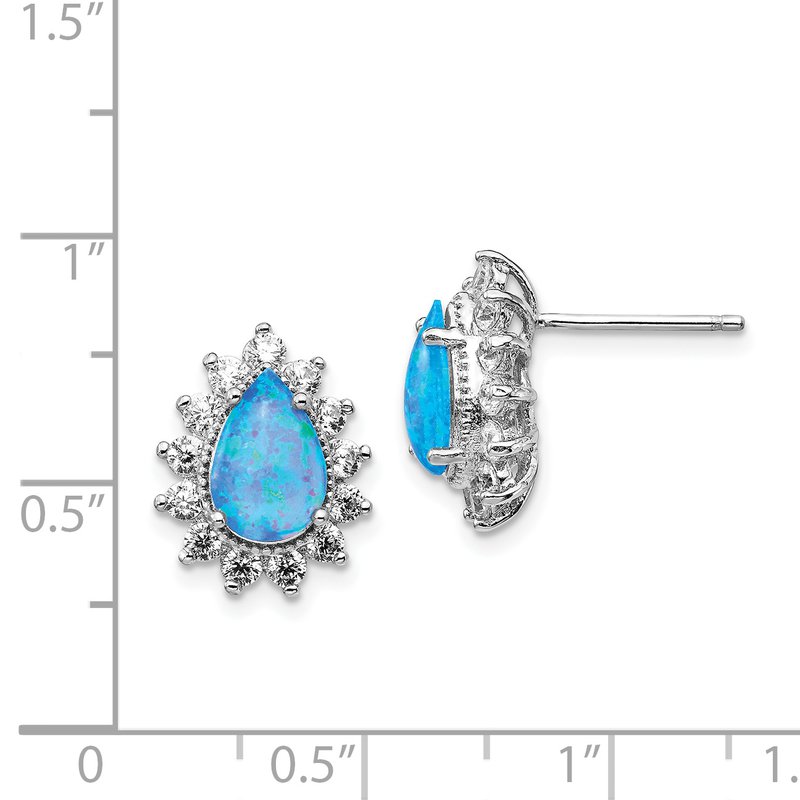 Sterling Silver Rhodium-plated Cabochon Lab Created Blue Opal and Brilliant-cut CZ Teardrop Shaped Post Earrings