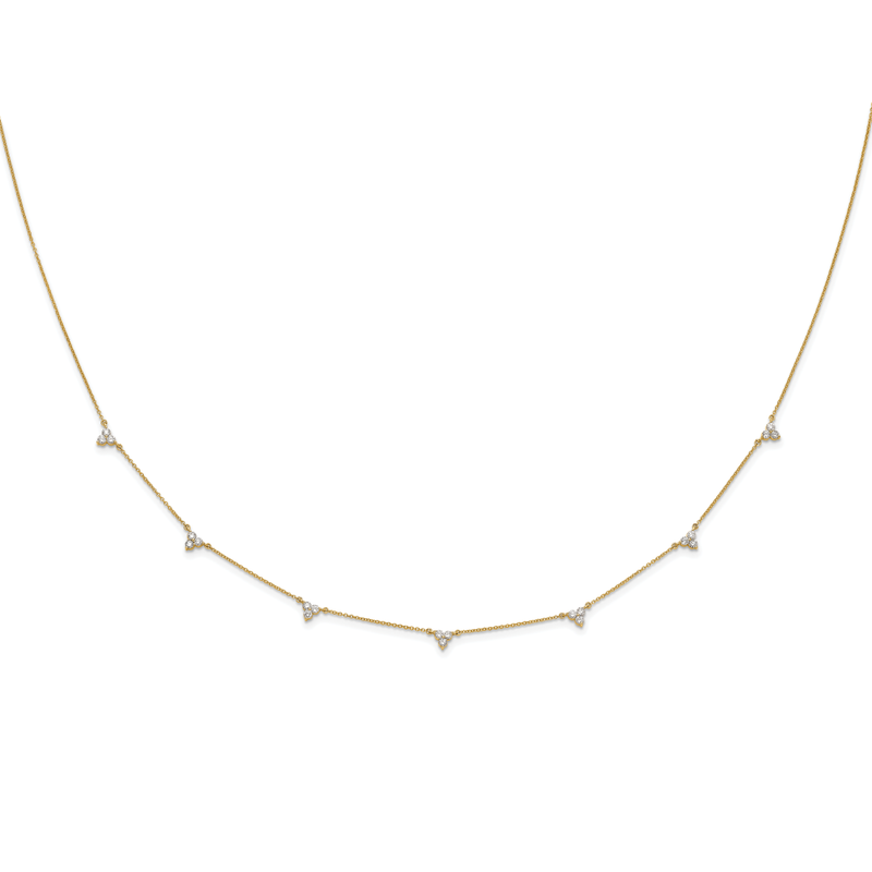14k Complete 1 carat Diamond 3-Stone Cluster 7-Station 18 inch Necklace