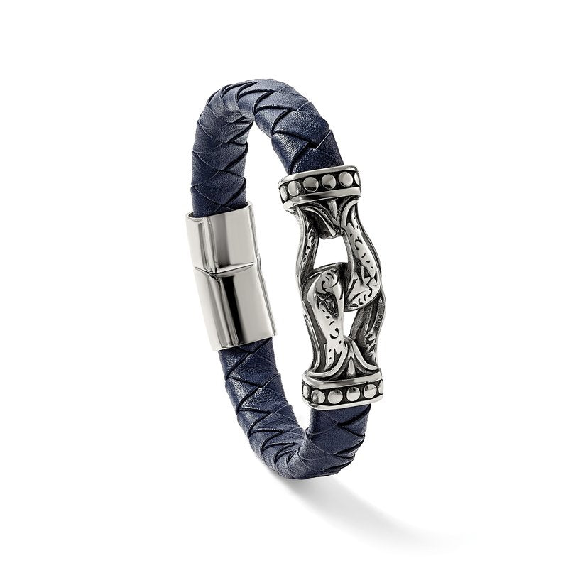 Stainless Steel Antiqued and Polished Blue Woven Leather 8.75 inch Bracelet