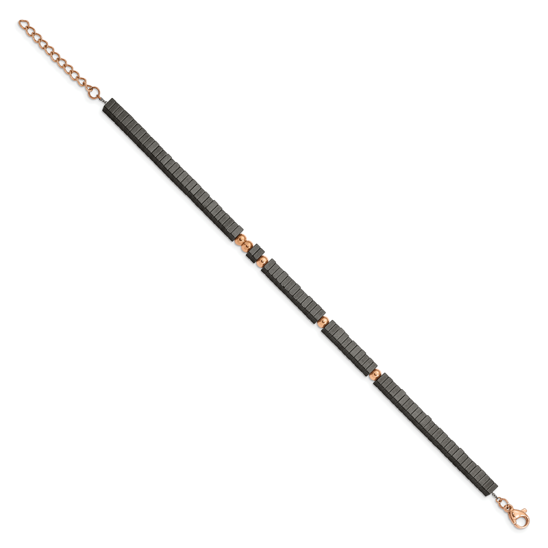 Stainless Steel Polished Rose IP-plated with Square Hematite Beads 7 inch Bracelet with 1.25 inch Extension