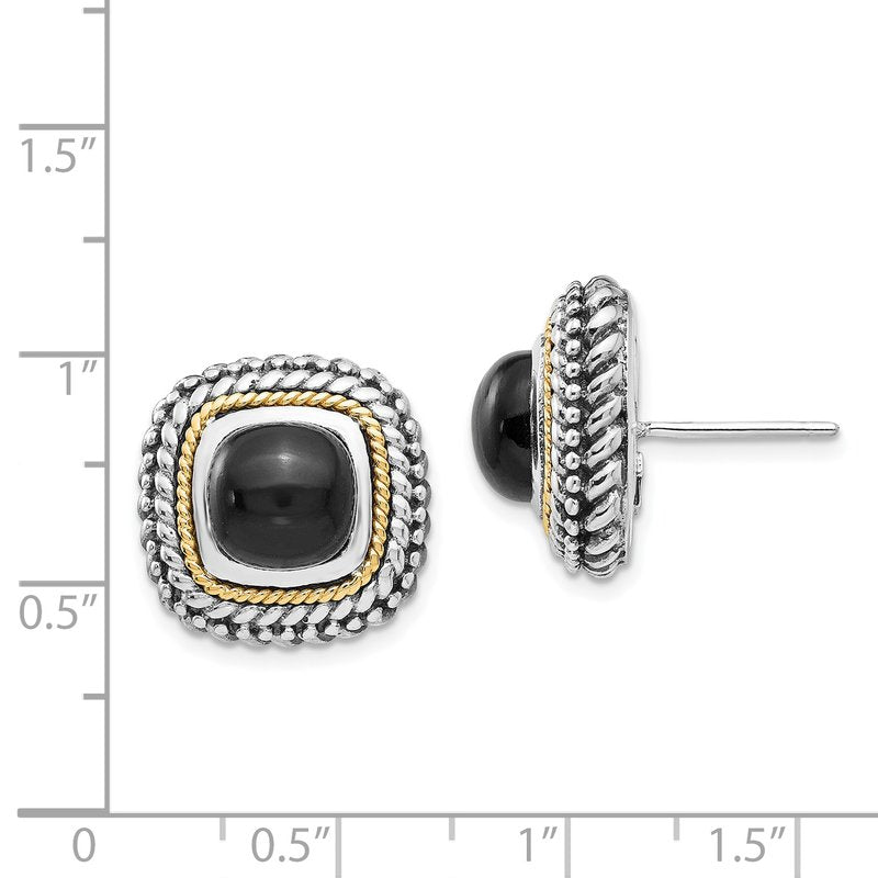 Sterling Silver with 14K Accent Antiqued Cabochon Black Onyx Post Earrings