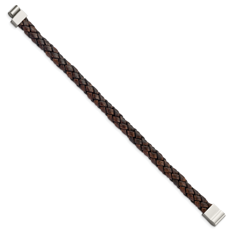 Stainless Steel Polished Brown Woven Leather 8.75 inch Bracelet