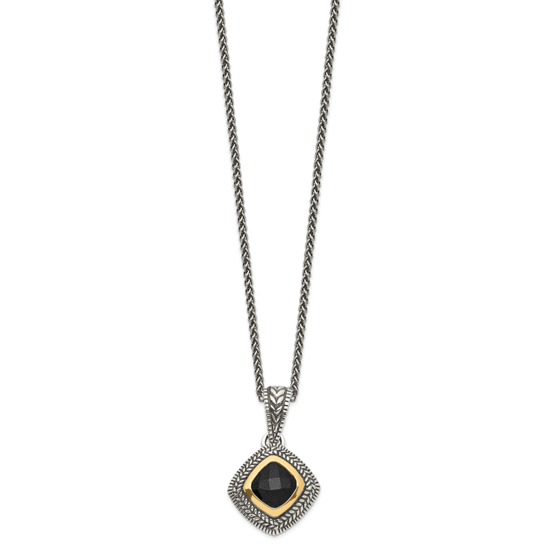 Sterling Silver with 14K Accent 18 Inch Antiqued Checkerboard-cut Black Onyx Necklace