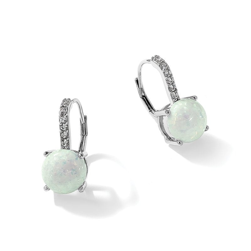 Sterling Silver Rhodium-plated Cabochon Lab Created Opal and Brilliant-cut CZ Leverback Earrings